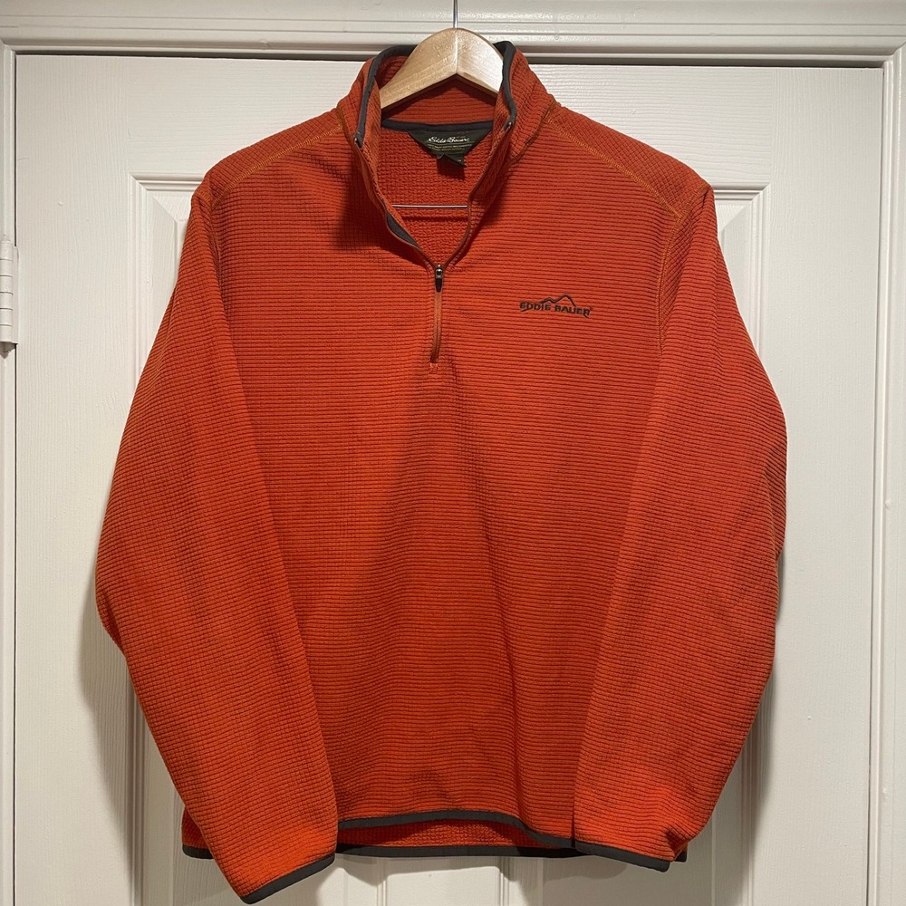 Eddie Bauer Mens Pullover Small Orange Polyester Grid Fleece Quarter Zip Hiking
